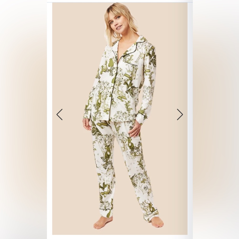 Cat’s Pajamas woodside toile green print pima knit cotton pajama set size XS